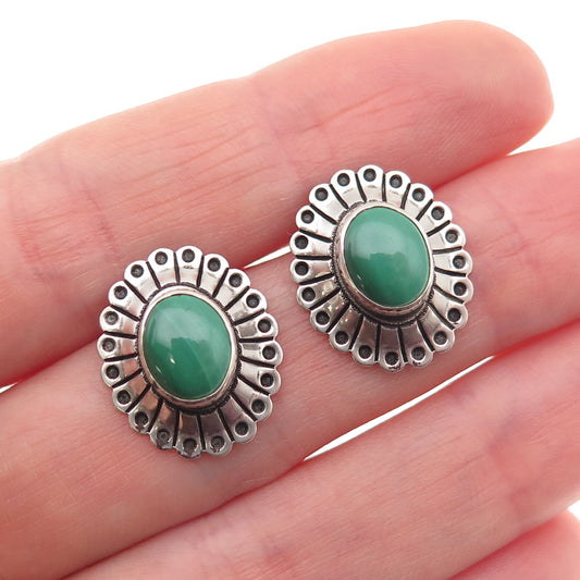 Old Pawn 925 Sterling Silver Vintage Southwestern Malachite Concho Stud Earrings