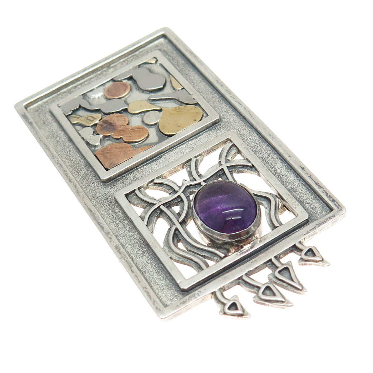 925 Sterling Silver 3-Tone Vintage Real Amethyst Modernist Pin Brooch