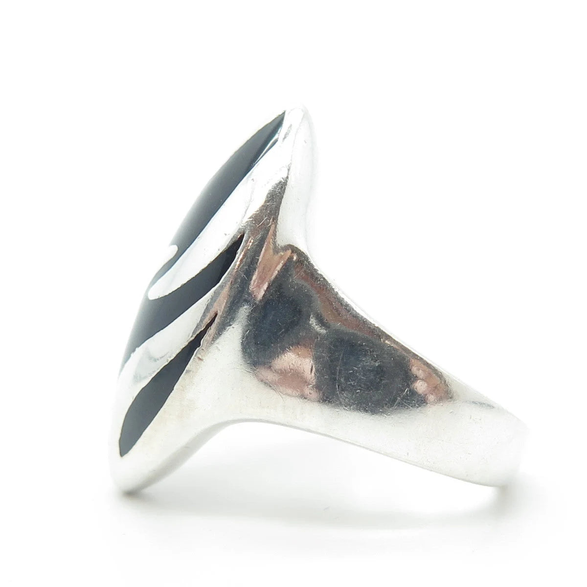 925 Sterling Silver Vintage Real Black Onyx Zebra Print Adjustable Ring Size 6