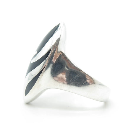925 Sterling Silver Vintage Real Black Onyx Zebra Print Adjustable Ring Size 6