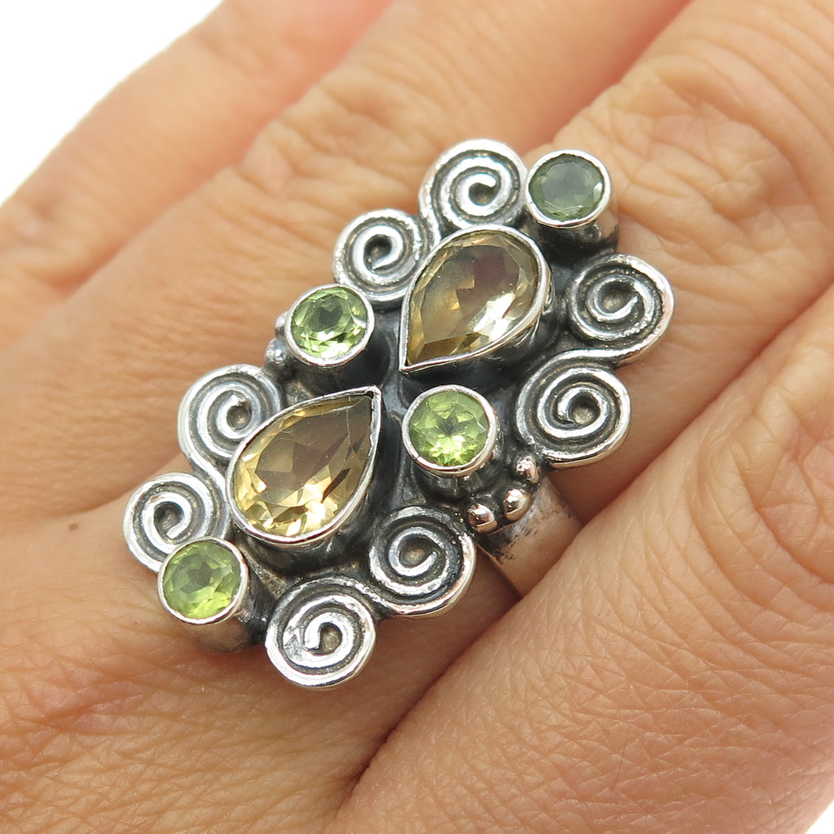 925 Sterling Silver Vintage Real Citrine & Peridot Swirl Statement Ring Size 8.5