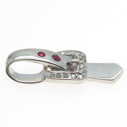 925 Sterling Silver Real Round-Cut Ruby & White Topaz Belt Buckle Hook Pendant