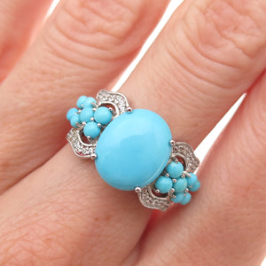 925 Sterling Silver Real Sleeping Beauty Turquoise & White Topaz Ring Size 8