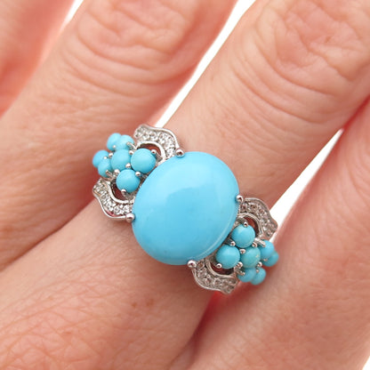 925 Sterling Silver Real Sleeping Beauty Turquoise & White Topaz Ring Size 8