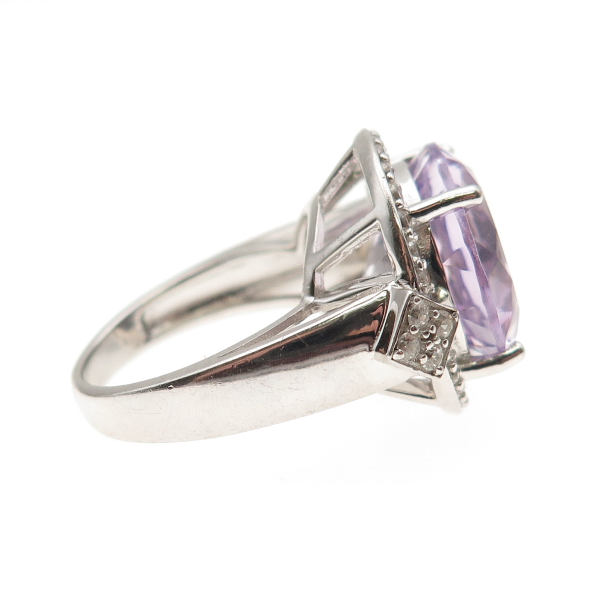 925 Sterling Silver Real Round-Cut Amethyst & White Topaz Ring Size 7