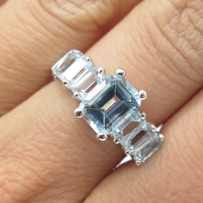 DSMK 925 Sterling Silver Real Emerald-Cut Blue Topaz Gem Ring Size 7.25