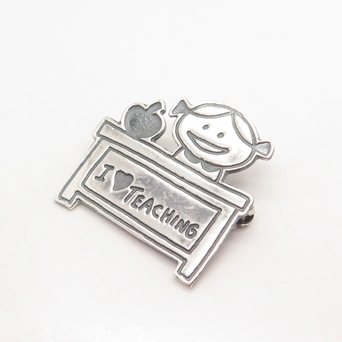925 Sterling Silver Vintage Mexico "I Love Teaching" Happy Girl Pin Brooch