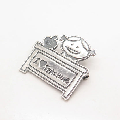 925 Sterling Silver Vintage Mexico "I Love Teaching" Happy Girl Pin Brooch