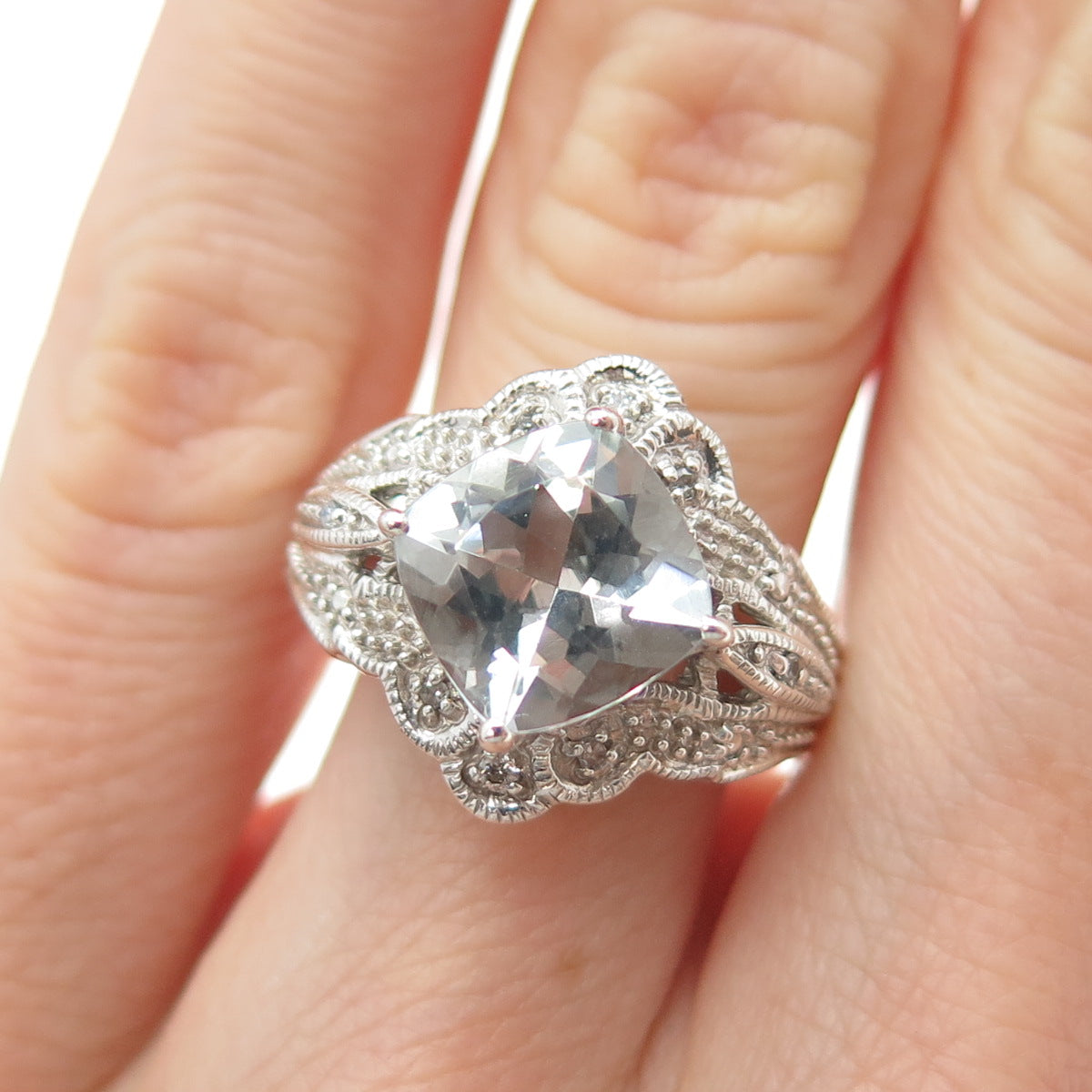 SLV SADYE L VASSIL 925 Sterling Silver Real Diamond & Aquamarine Ring Size 5