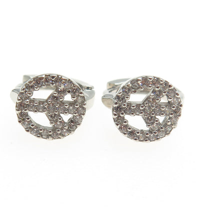 925 Sterling Silver Round-Cut C Z Peace Symbol Hoop Earrings