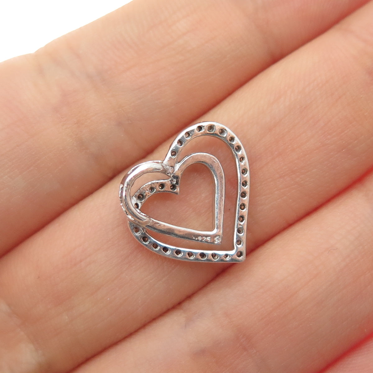 925 Sterling Silver Real Round-Cut Diamond Double Heart Mini Slide Charm Pendant