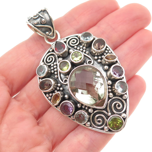 NATHI Sterling Silver Vintage Real Topaz Amethyst Peridot Quartz Garnet Pendant
