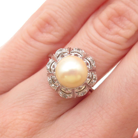 925 Sterling Silver Faux Pearl & Rhinestone Ring Size 5.75