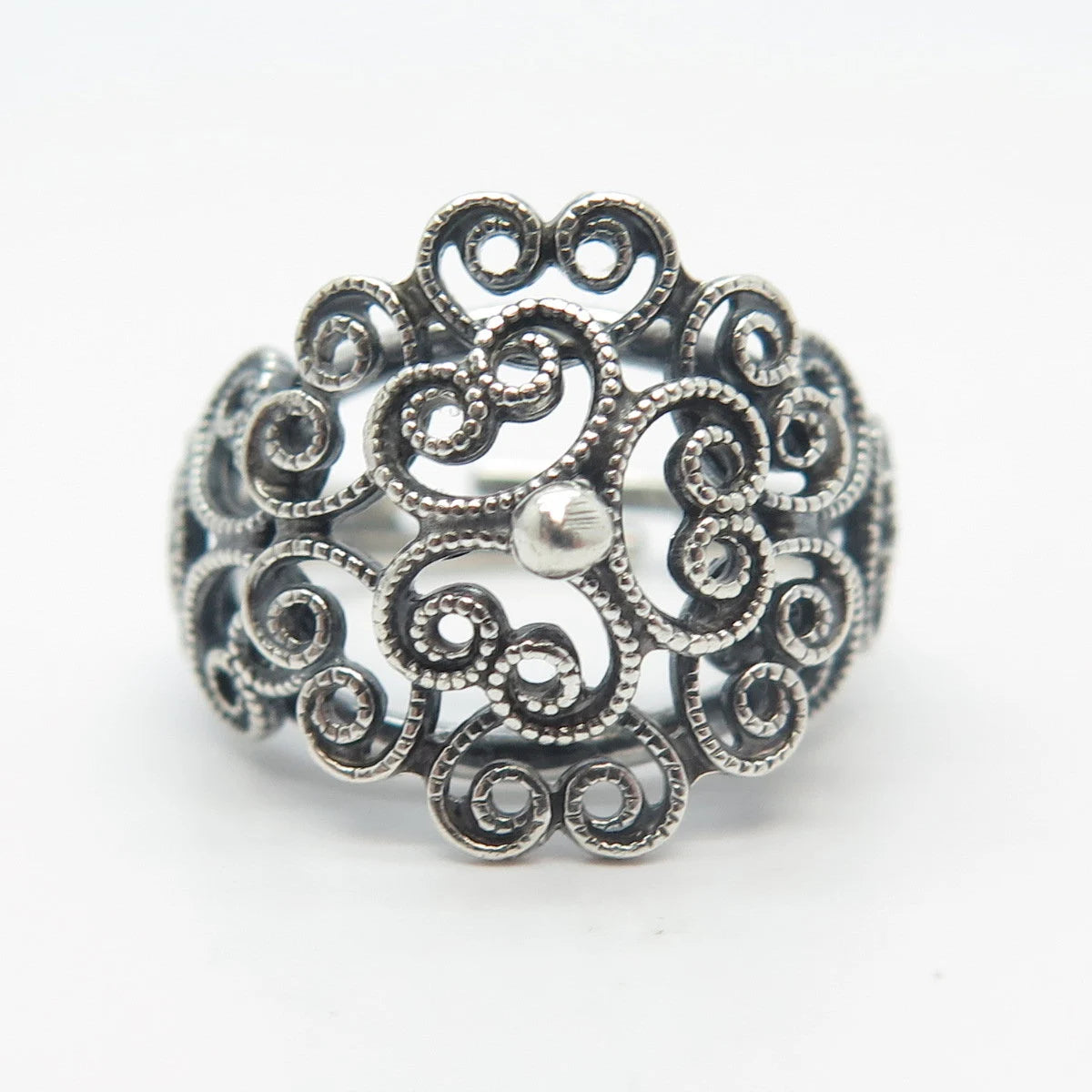 925 Sterling Silver Vintage Beau Swirl Heart Adjustable Ring Size 6
