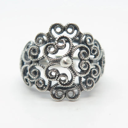 925 Sterling Silver Vintage Beau Swirl Heart Adjustable Ring Size 6