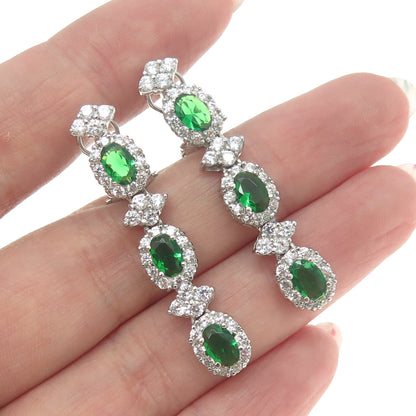 925 Sterling Silver Oval-Cut Nano Emerald & Round C Z Omega Back Earrings