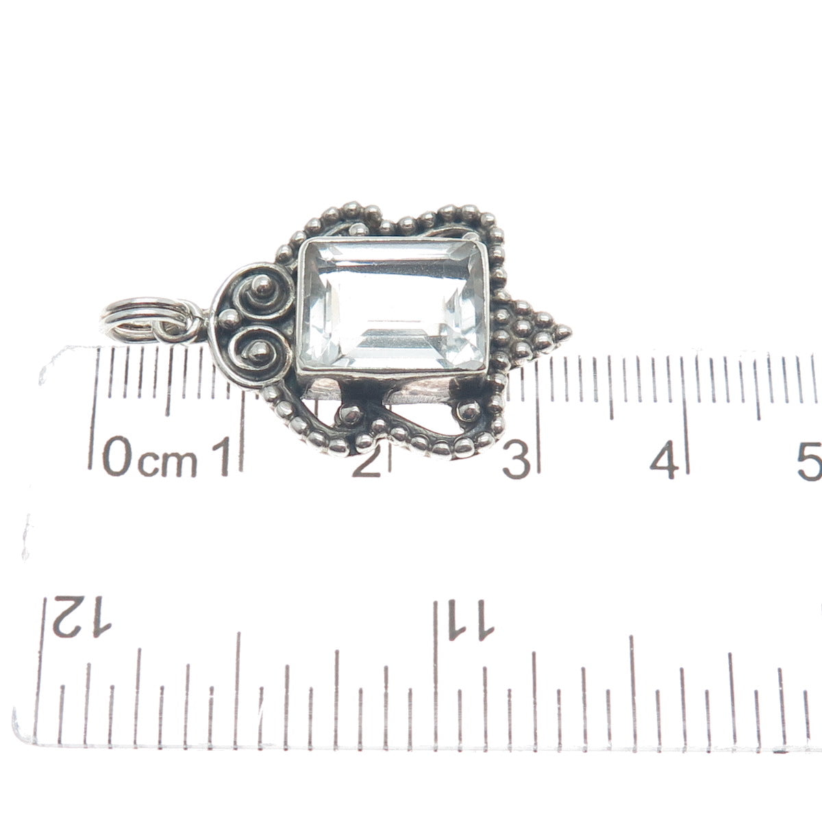925 Sterling Silver Vintage Real White Topaz Gem Beaded Swirl Charm Pendant