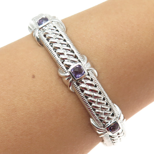 JUDITH RIPKA 925 Sterling Silver Amethyst Gem Boho Heavy Cuff Bracelet 7.5"