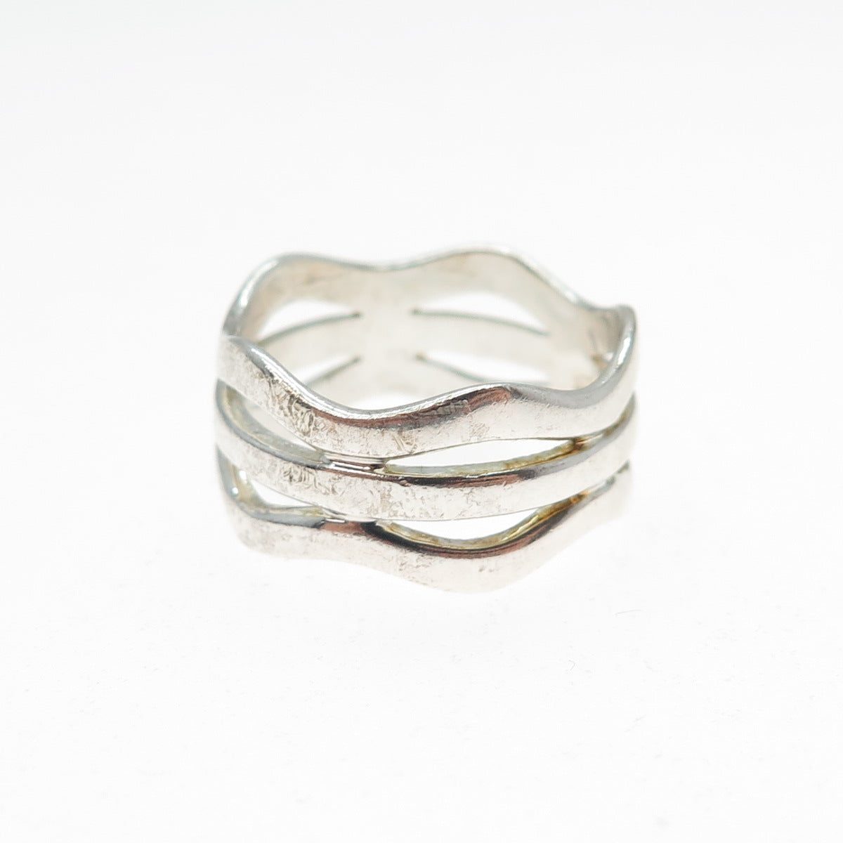 925 Sterling Silver Vintage Modernist 3-Row Wavy Band Ring Size 7.25