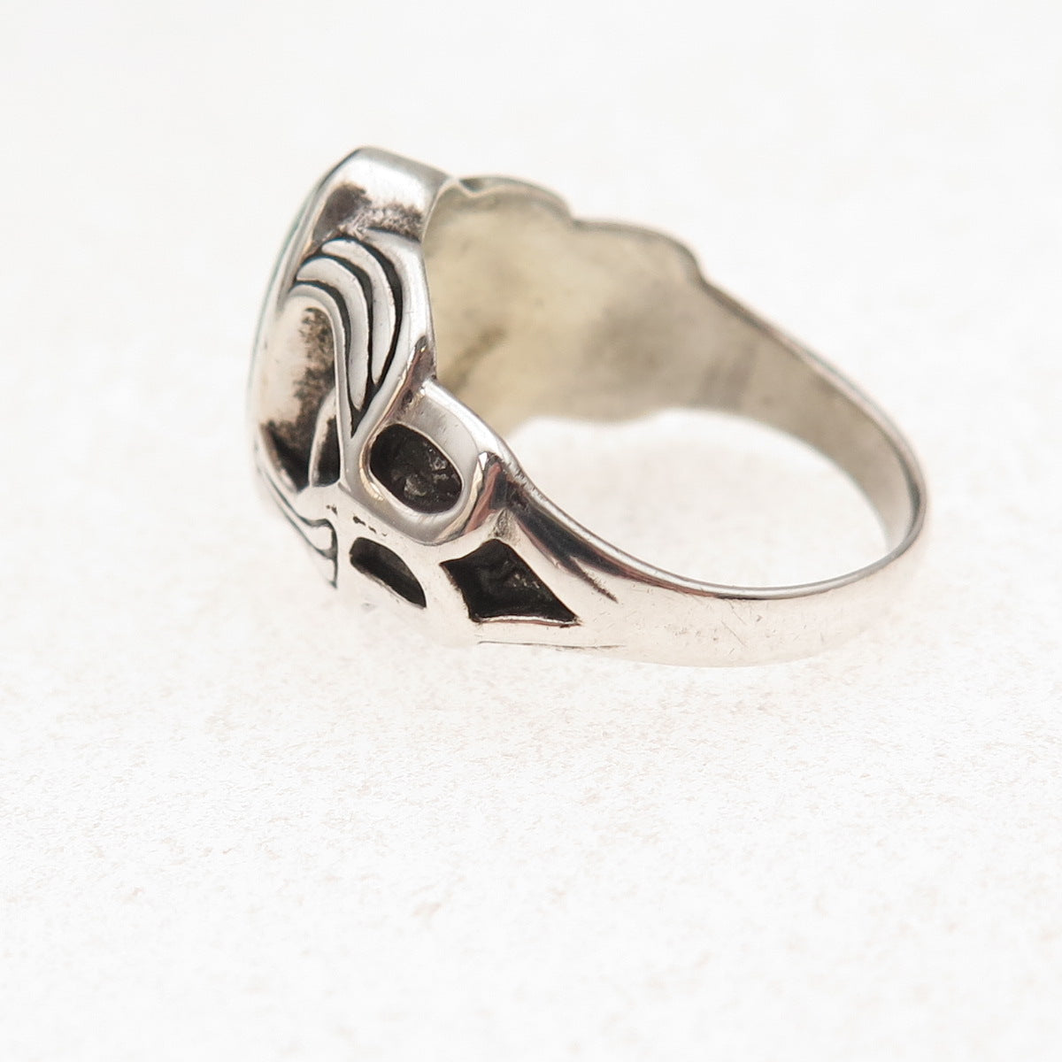 925 Sterling Silver Vintage Real Malachite Owl Bird Oxidized Ring Size 7.25
