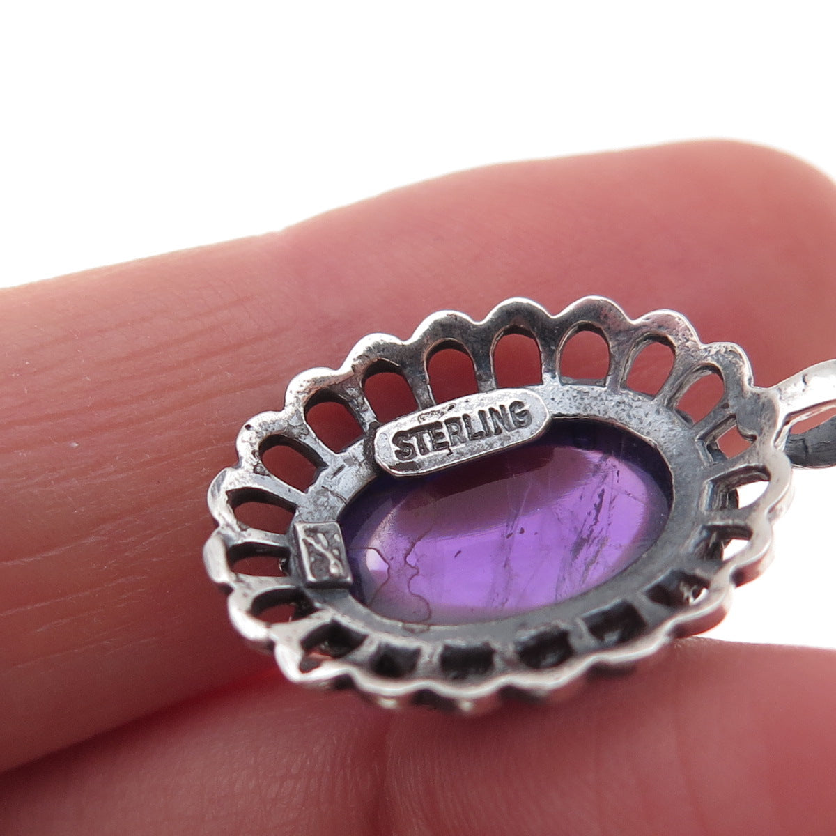 925 Sterling Silver Vintage Real Amethyst Floral Oxidized Charm Pendant