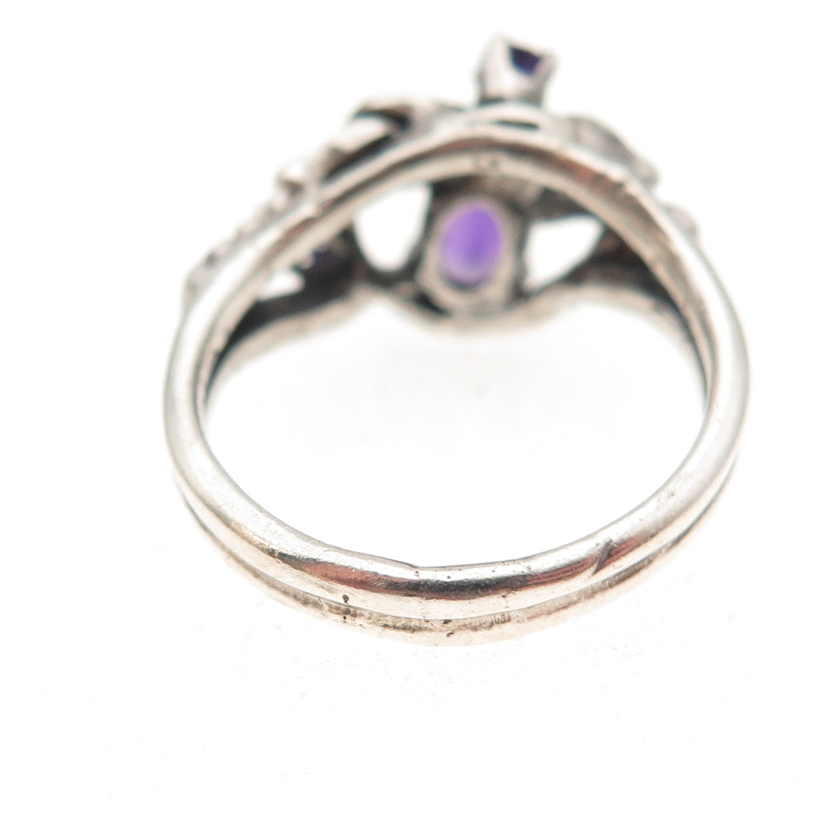 925 Sterling Silver Vintage Real Amethyst Modernist Oxidized Ring Size 7.75