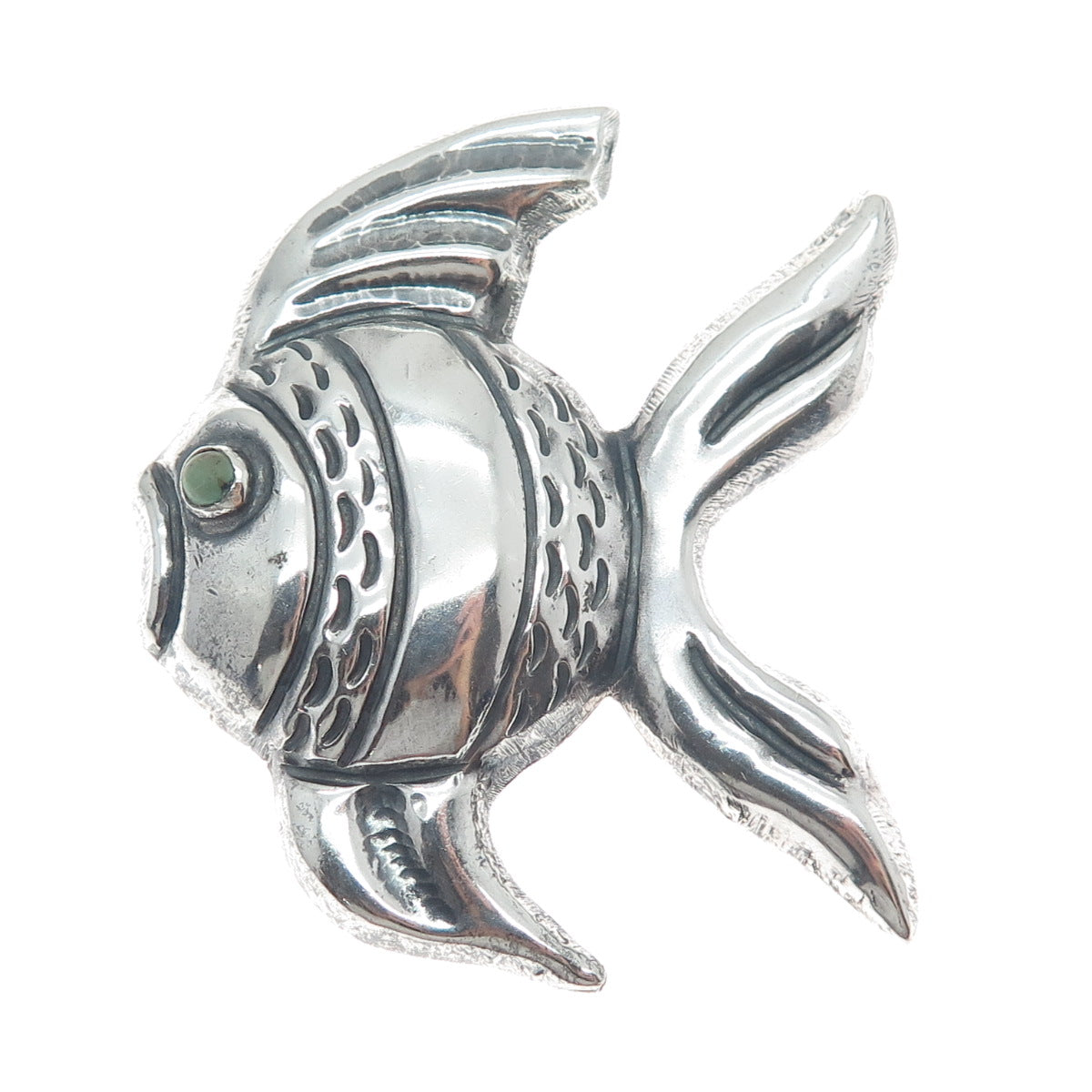 925 Sterling Silver Vintage Mexico Real Turquoise Fish Oxidized Pin Brooch