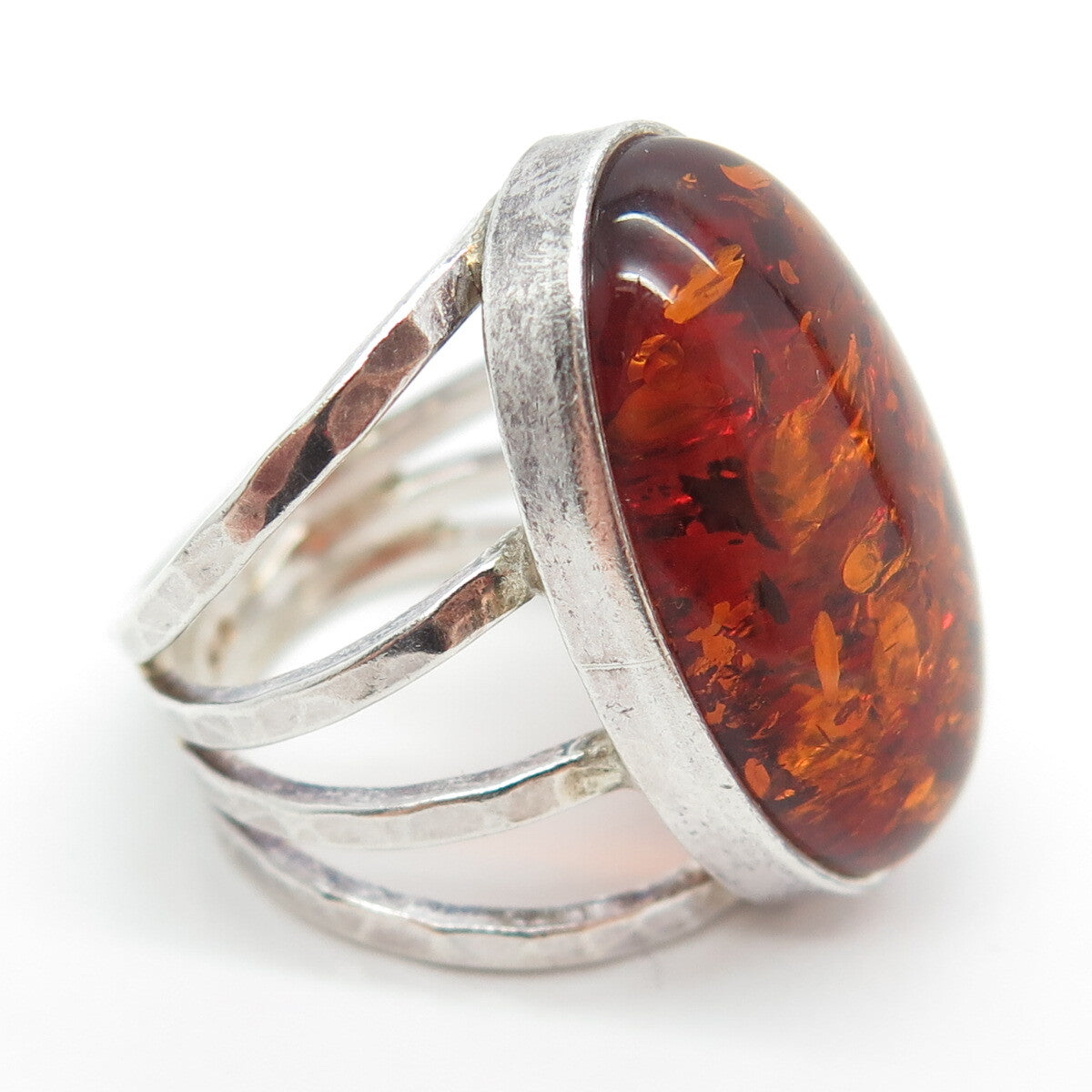 VALERIO V8 Sterling Silver Vintage Poland Real Amber Modernist Ring Size 5.75