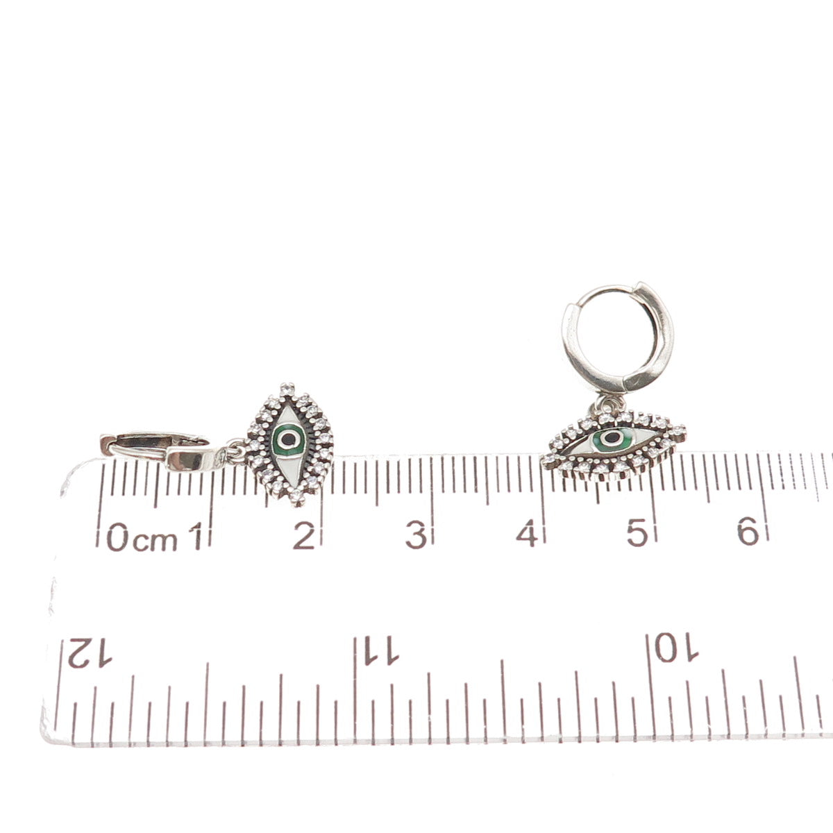 925 Sterling Silver Enamel & C Z Evil Eye Dangle Charm Hoop Earrings