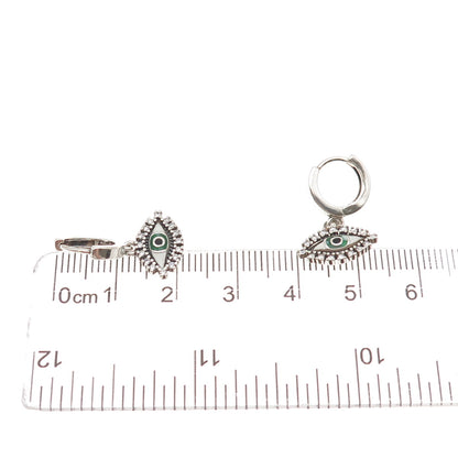 925 Sterling Silver Enamel & C Z Evil Eye Dangle Charm Hoop Earrings