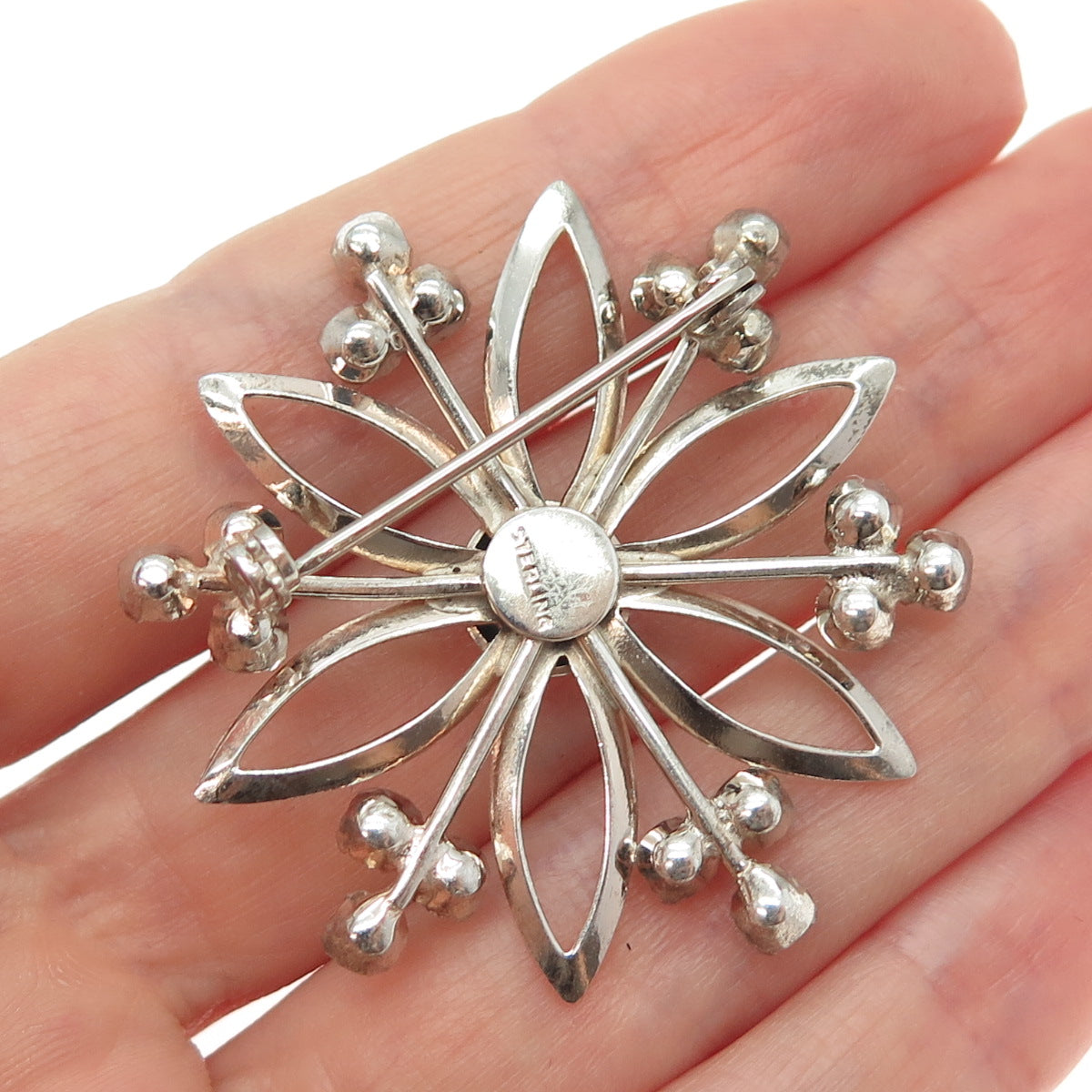 925 Sterling Silver Vintage Rhinestone Flower Pin Brooch