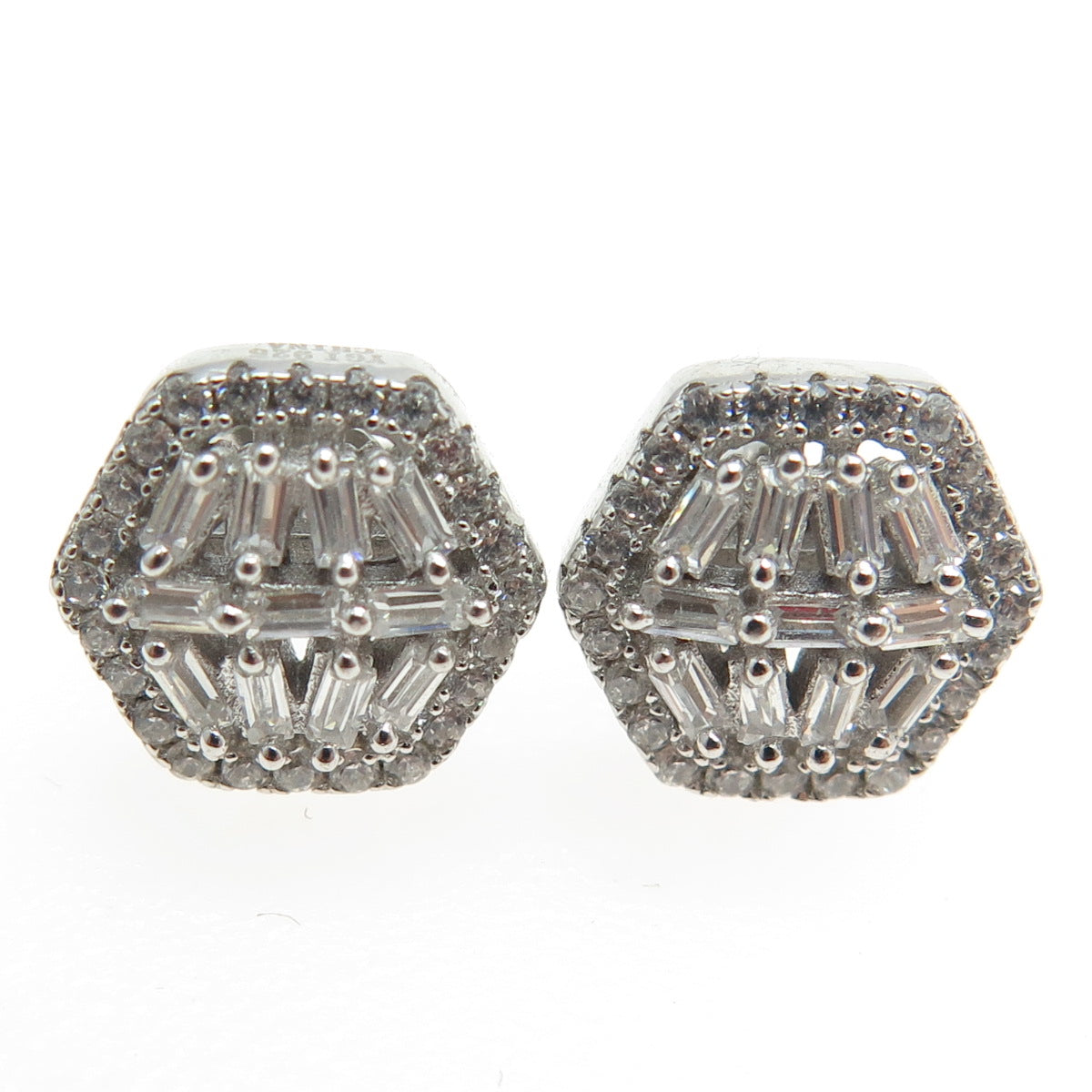 925 Sterling Silver Round & Baguette-Cut C Z Hexagon Stud Earrings