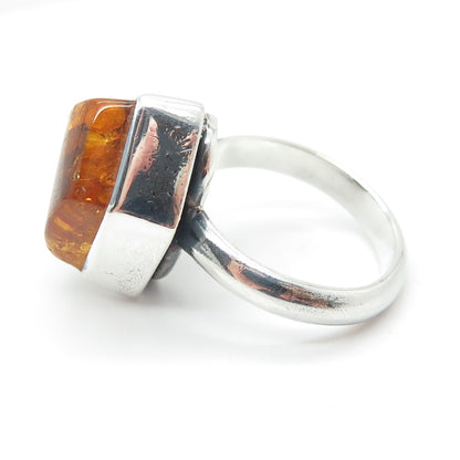 925 Sterling Silver Vintage Real Baltic Amber Modernist Ring Size 9