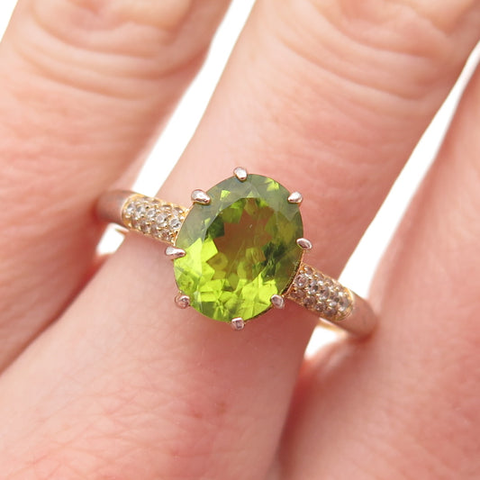 925 Sterling Silver Gold Plated Real Peridot & White Topaz Ring Size 9.75
