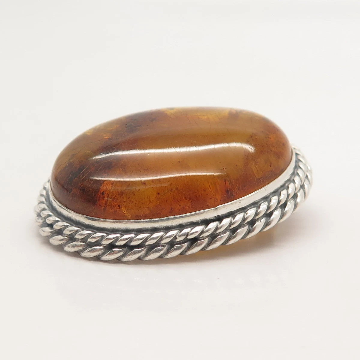 925 Sterling Silver Vintage Real Amber Twisted Oval Pin Brooch