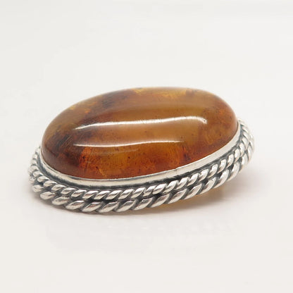 925 Sterling Silver Vintage Real Amber Twisted Oval Pin Brooch