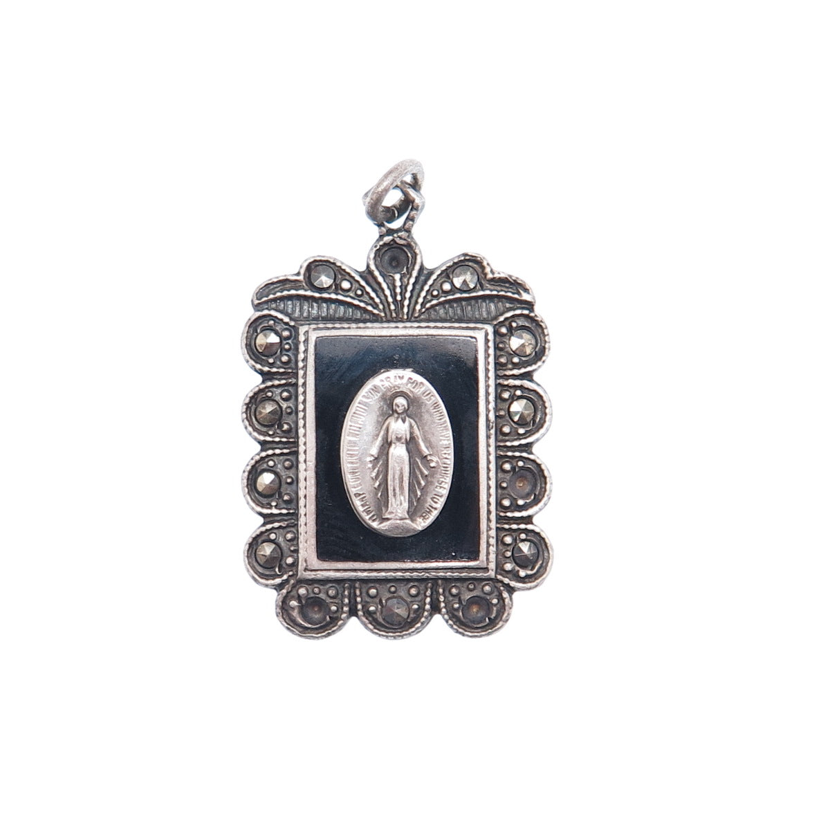 925 Sterling Silver Antique Onyx & Marcasite St. Mary Pendant (missing 4 stones)