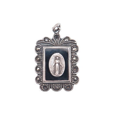 925 Sterling Silver Antique Onyx & Marcasite St. Mary Pendant (missing 4 stones)