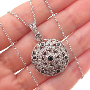 925 Sterling Silver Real Diamond & Sapphire Floral Disc Cable Chain Necklace 18"