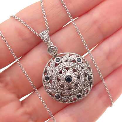 925 Sterling Silver Real Diamond & Sapphire Floral Disc Cable Chain Necklace 18"