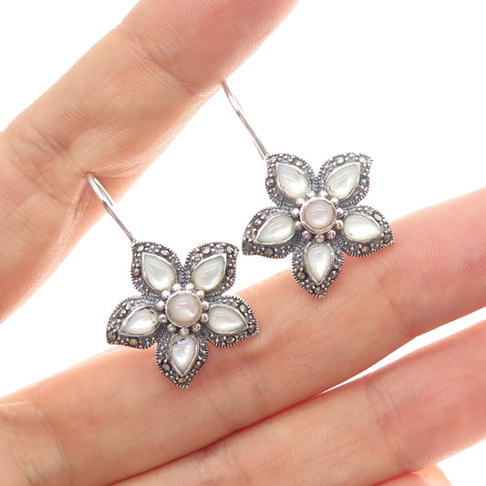 925 Sterling Silver Vintage Real MOP & Marcasite Flower Dangle Earrings
