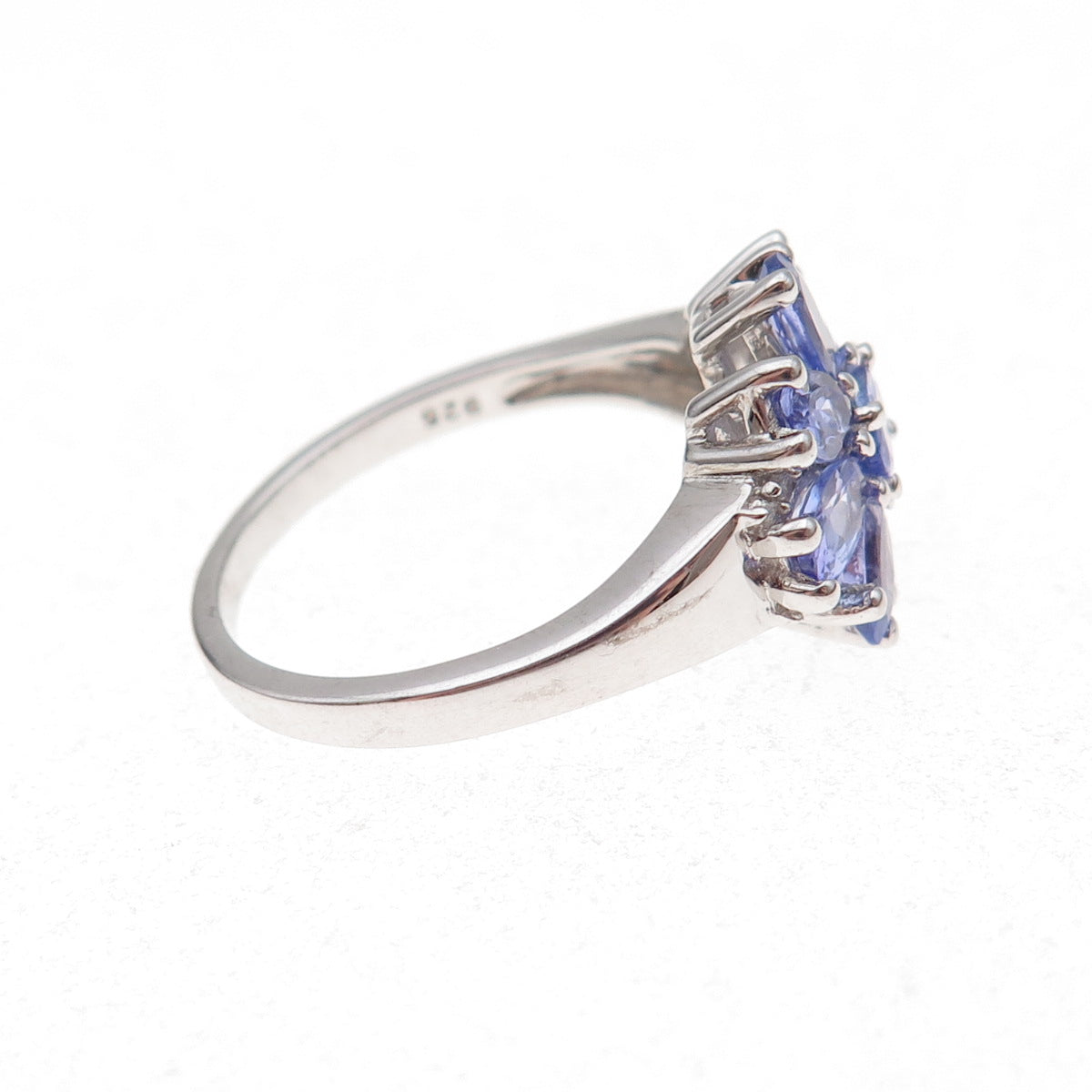 925 Sterling Silver Real Tanzanite & White Topaz Floral Ring Size 8