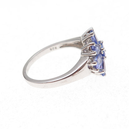 925 Sterling Silver Real Tanzanite & White Topaz Floral Ring Size 8
