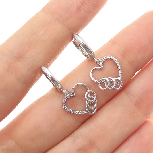 925 Sterling Silver Round-Cut C Z Dangle Heart Hoop Earrings
