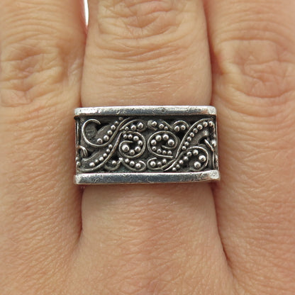 LOIS HILL 925 Sterling Silver Vintage Granulated Scroll Oxidized Ring Size 8.25
