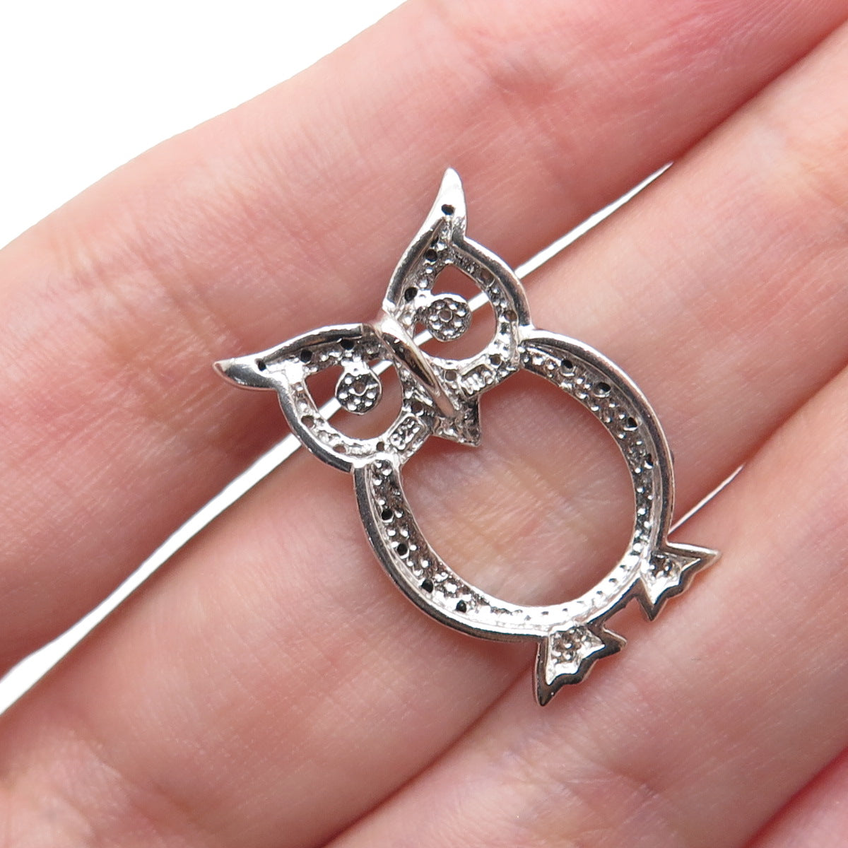 CHARLES WINSTON 925 Sterling Silver Real Black & White Diamond Owl Slide Pendant
