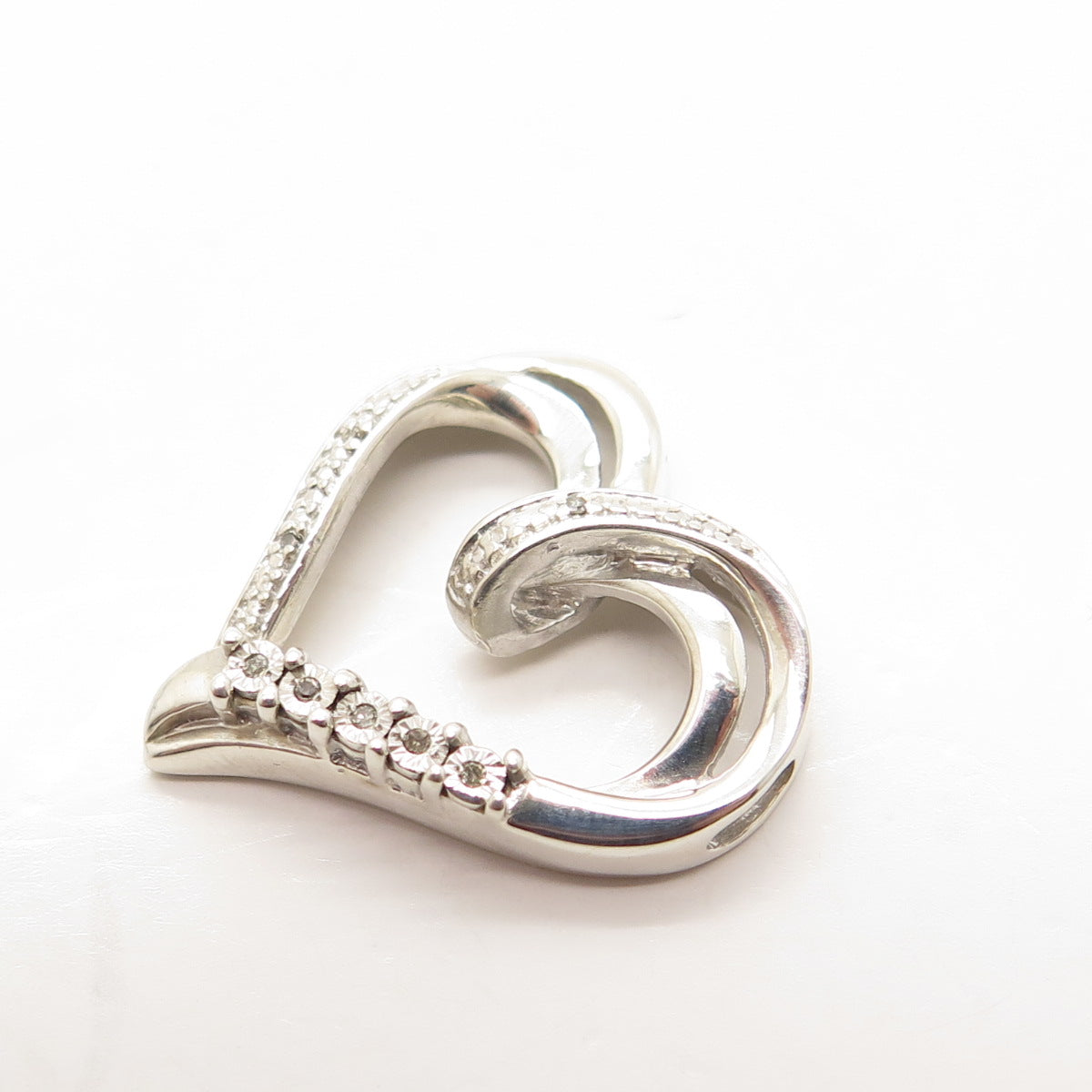 925 Sterling Silver Real Round-Cut White Diamond Heart Slide Pendant