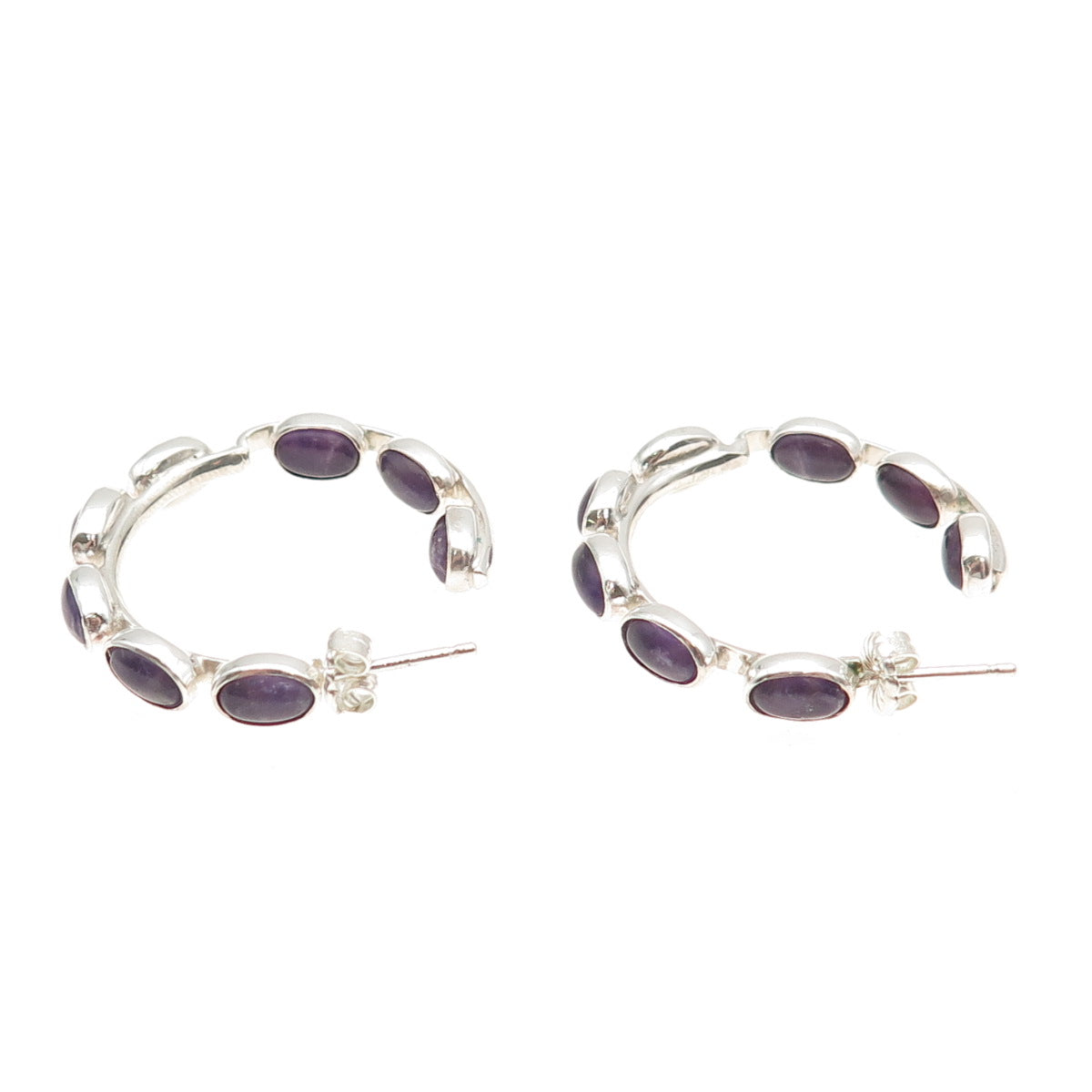 925 Sterling Silver Vintage Real Amethyst In & Out Hoop Earrings