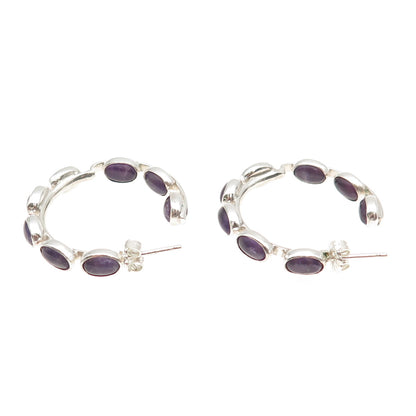 925 Sterling Silver Vintage Real Amethyst In & Out Hoop Earrings