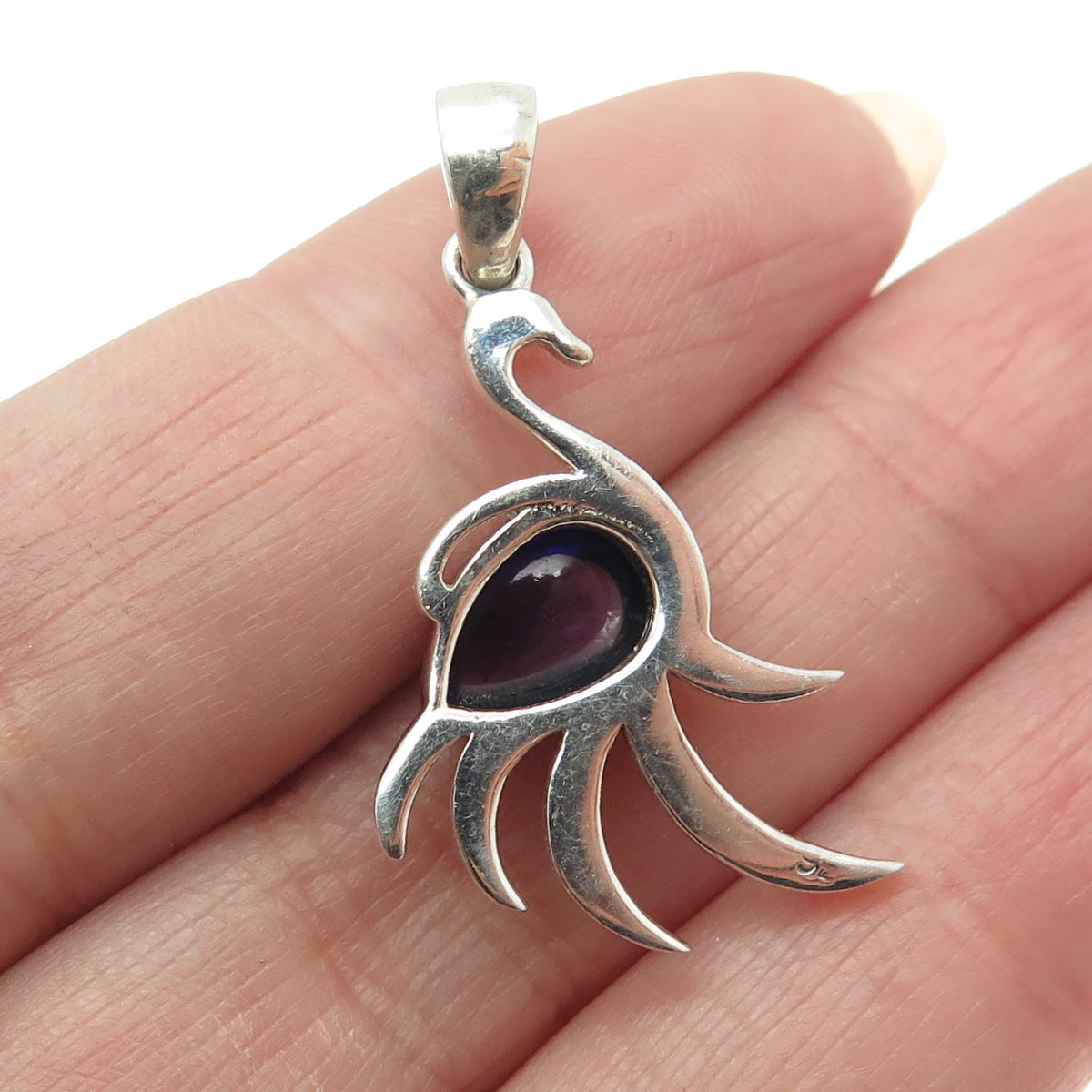 925 Sterling Silver Real Pear-Cut Amethyst Gemstone Swan Modernist Pendant